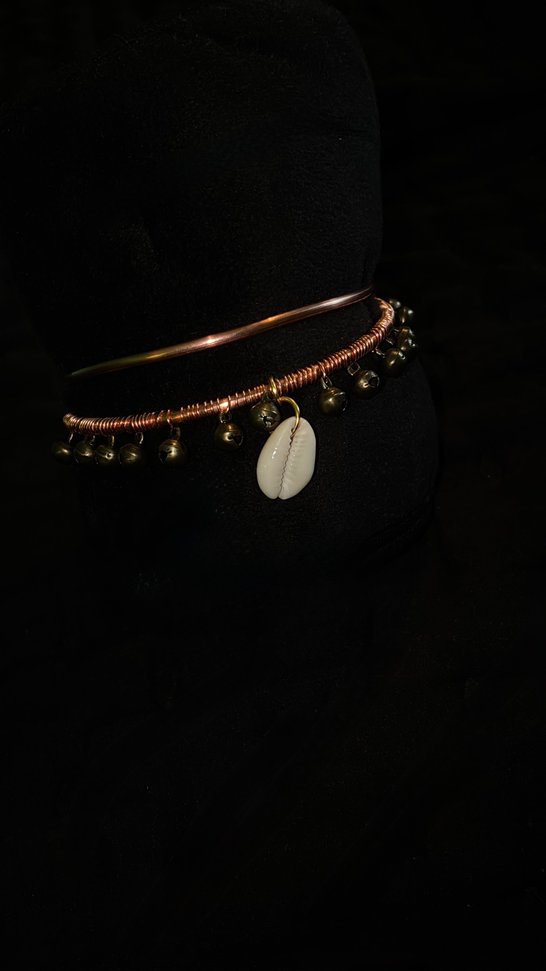 2 piece Dainty copper bangles with bells and cowrie shell
